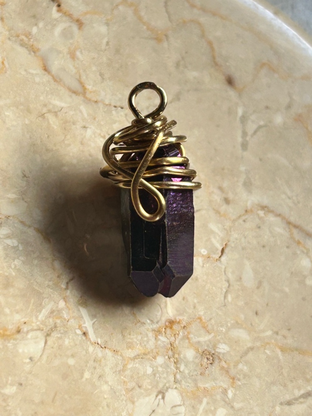 Gold-Wrapped Purple dyed quartz Crystal Pendant